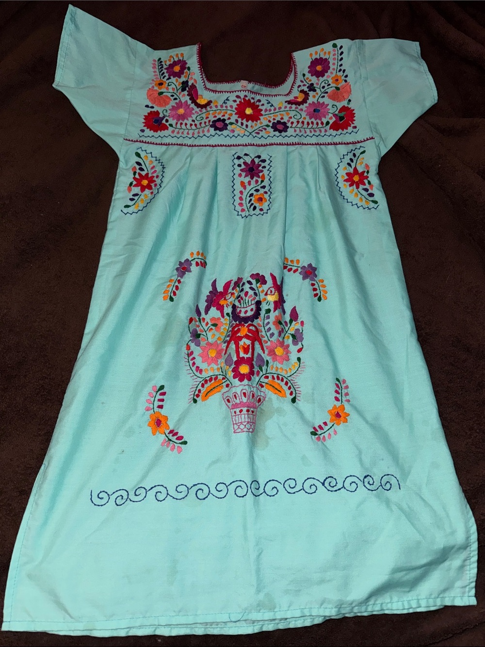 Embroidered Aqua Dress with Floral Accents